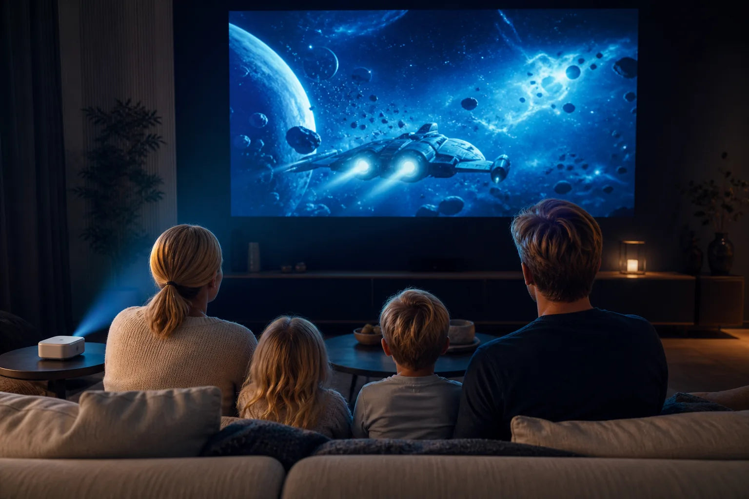 Familj som delar en hemmabiokväll med projektor
