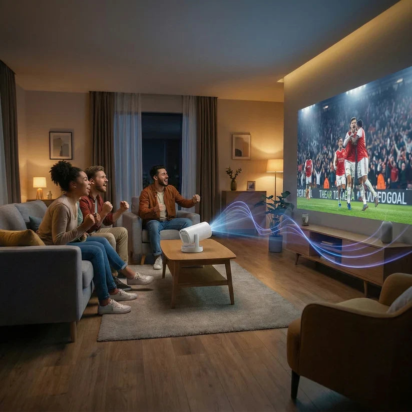 Mini vidéoprojecteur orientable à 180 degrés posé sur une table de salon