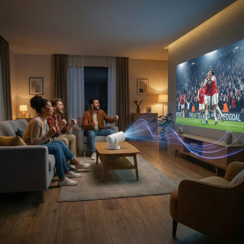 Vänner tittar på en fotbollsmatch med Projektorland-miniprojektorn
