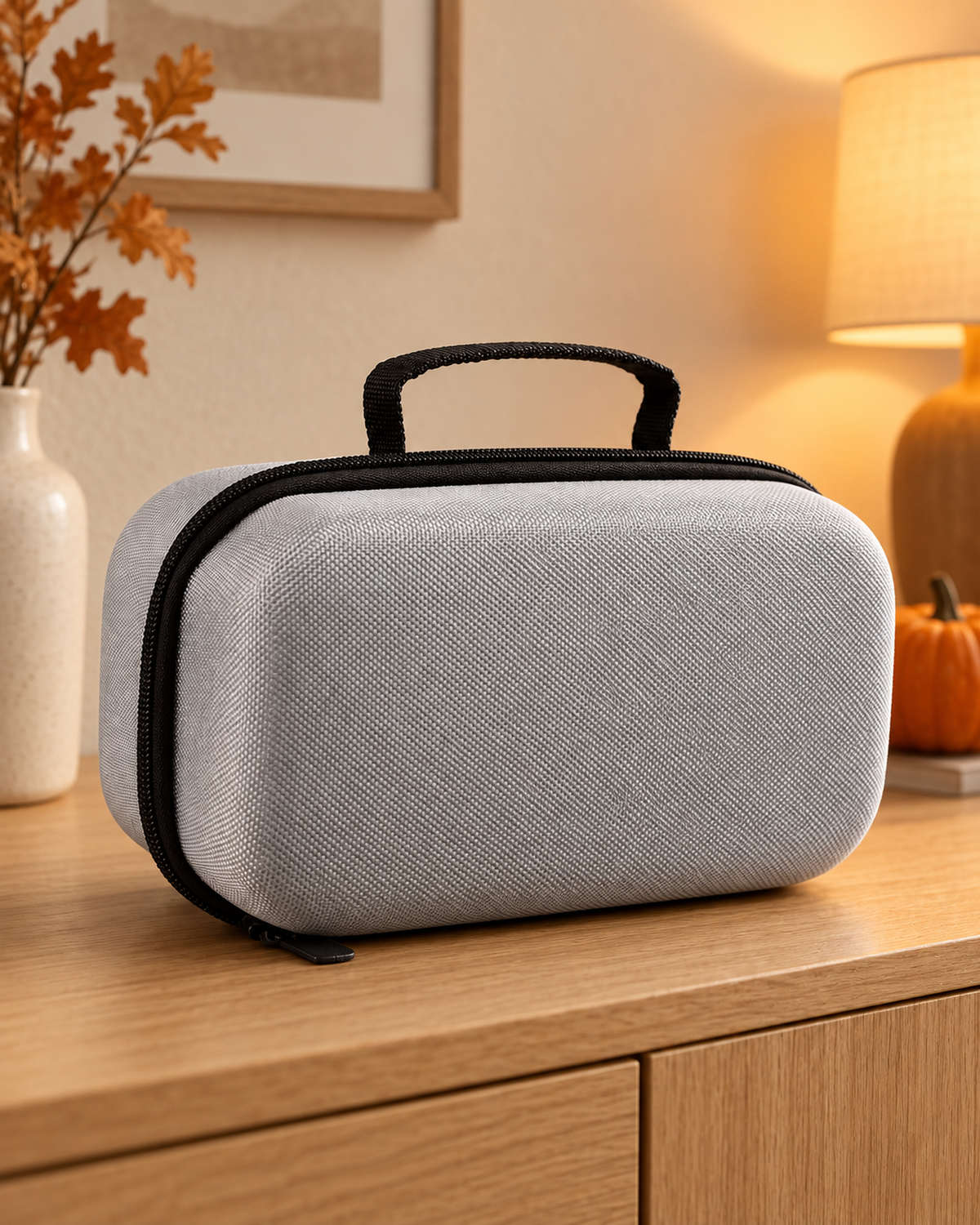 Graue Schutztasche in einer warmen Herbstumgebung