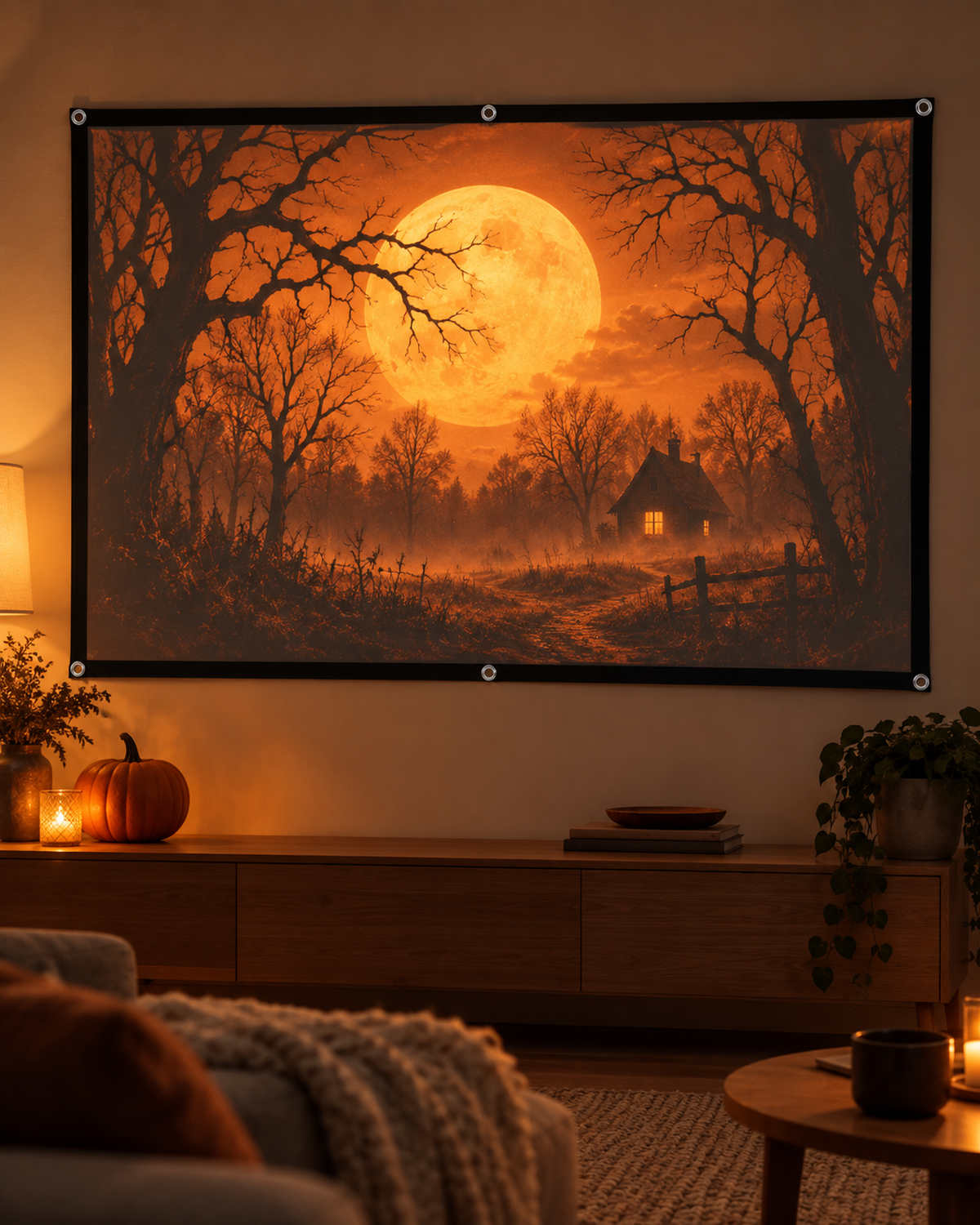 Weiße Leinwand mit schwarzem Rahmen und Befestigungspunkten