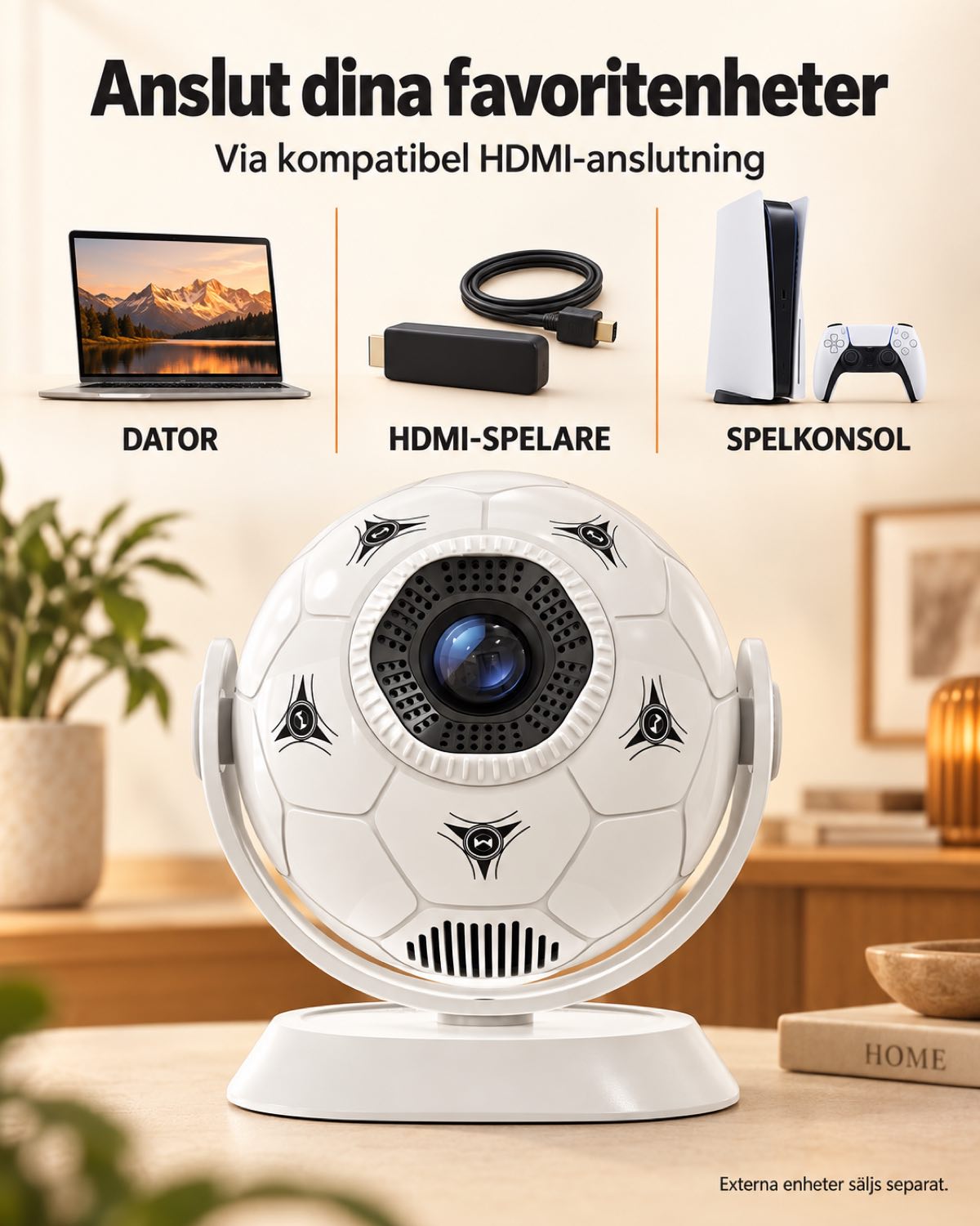 Miniprojektor Projektorland Orbit – 300 ANSI-lumen, Android 14, Wi-Fi, Bluetooth 5.4 och 35–135 tum