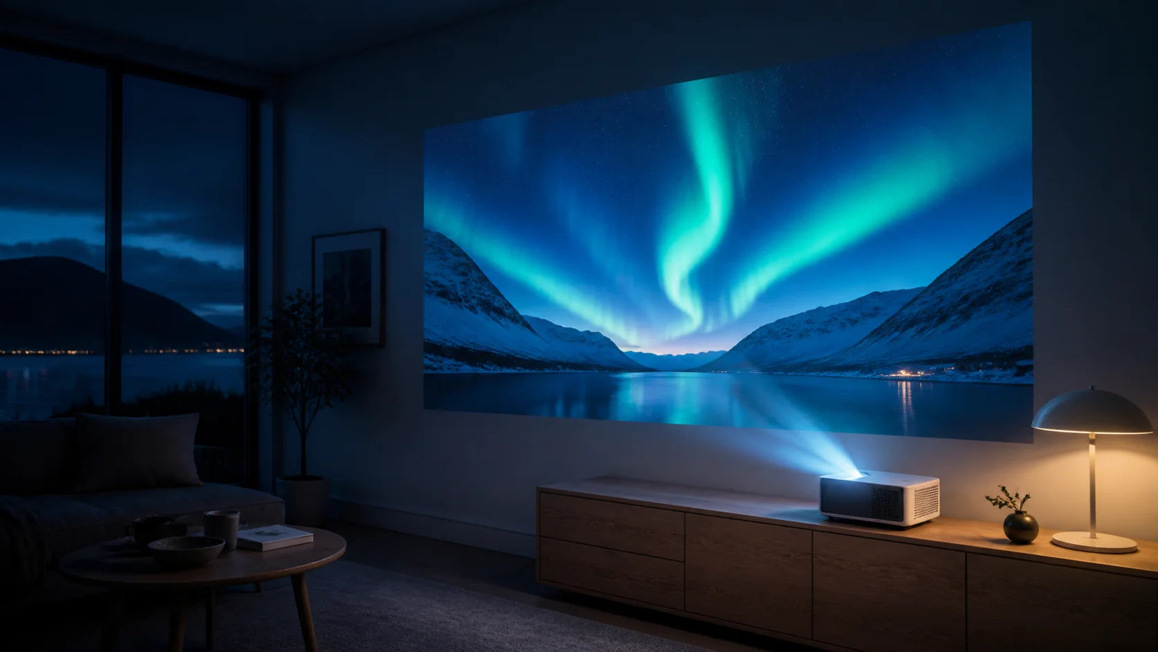 Mini-projektor som skapar hemmabio i ett skandinaviskt vardagsrum