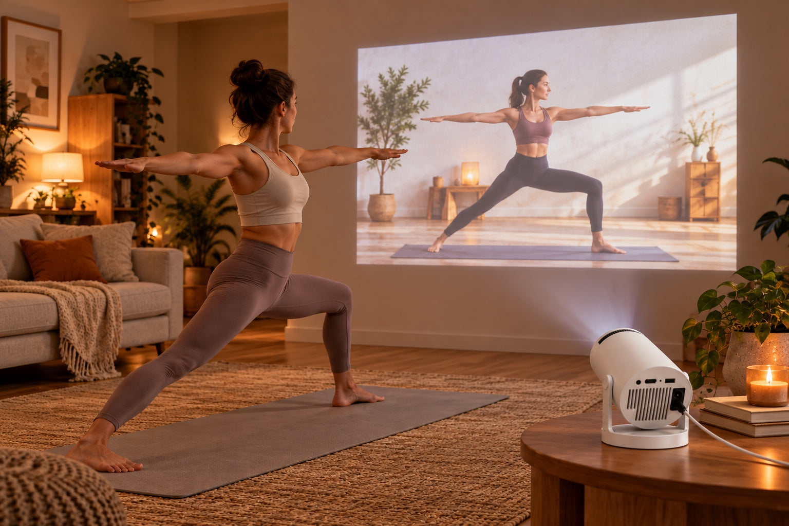 Une femme suit un cours de yoga projeté au mur avec le Luma One